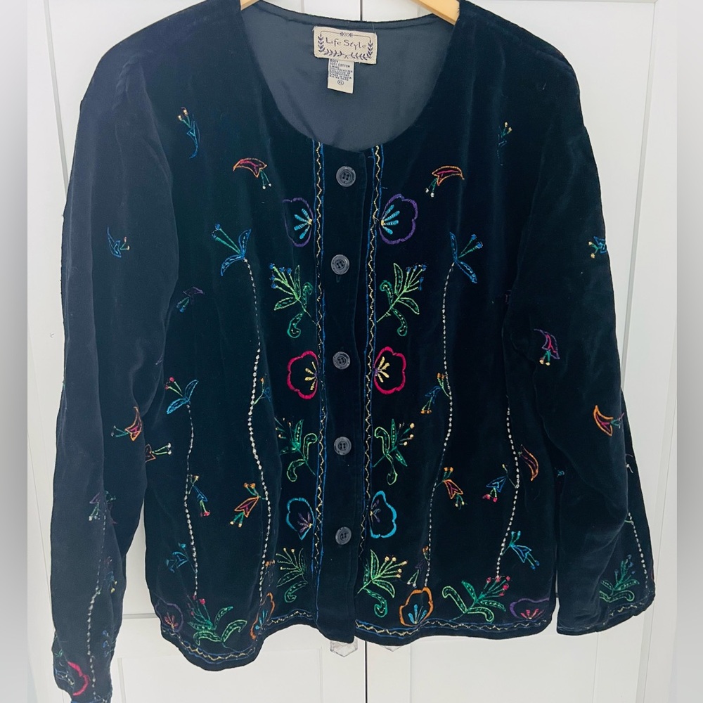Life Style Vintage Black Velvet Embroidered Button-Front Jacket SZ XL